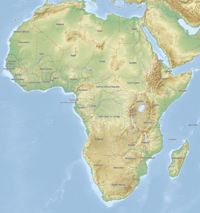 Physical map of Africa showing Senegal in West Africa
